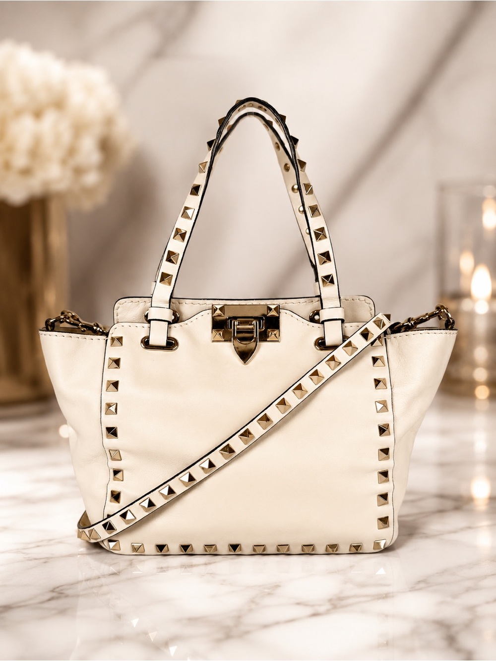 Valentino Garavani Mini Rockstud Tote Cream Leather 2-Way Crossbody | Full Set